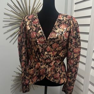 Express Black Floral Metallic Peplum Blouse